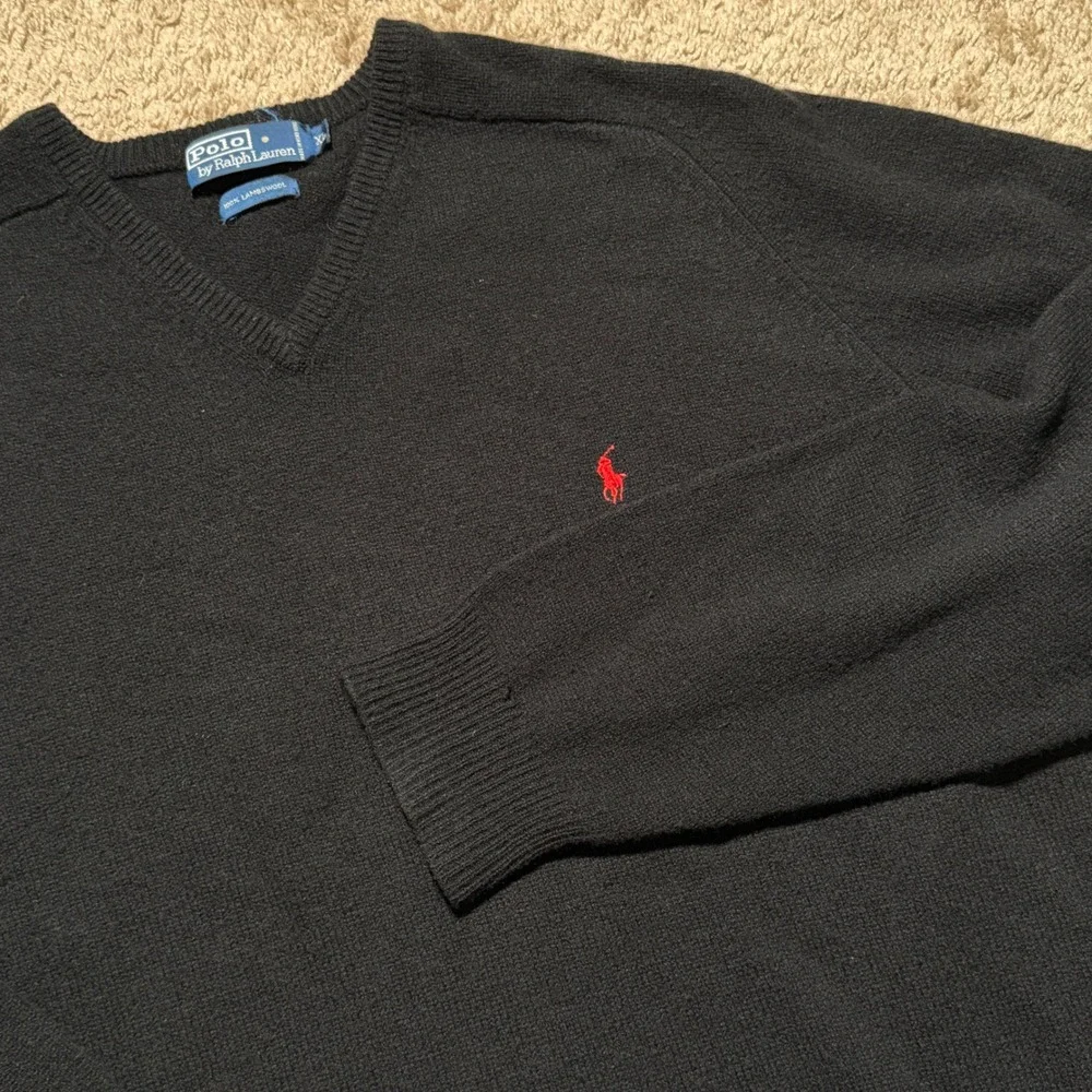 Polo Ralph Lauren Mens XL Black 100% Lambswool V-Neck Sweater Red Pony Logo